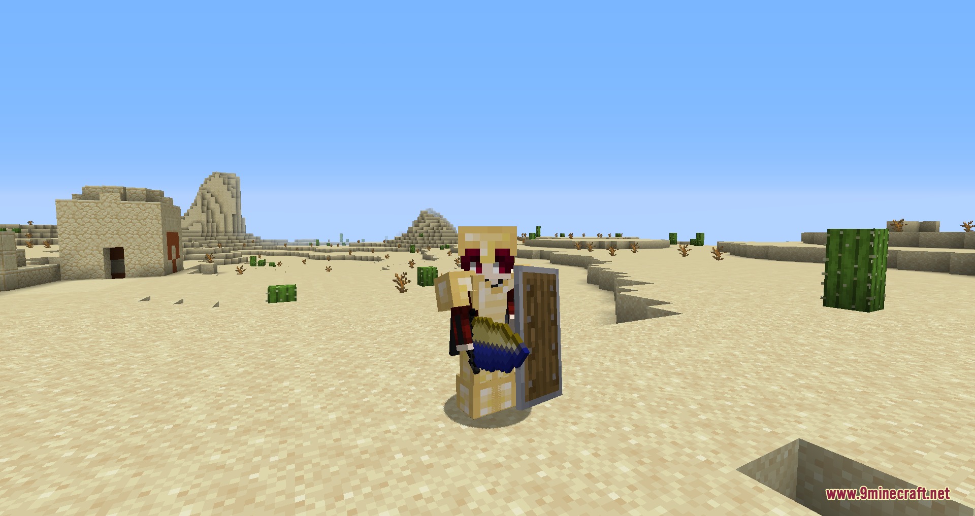 Minecraft player wearing yellow Titan armor and holding a sword in a desert