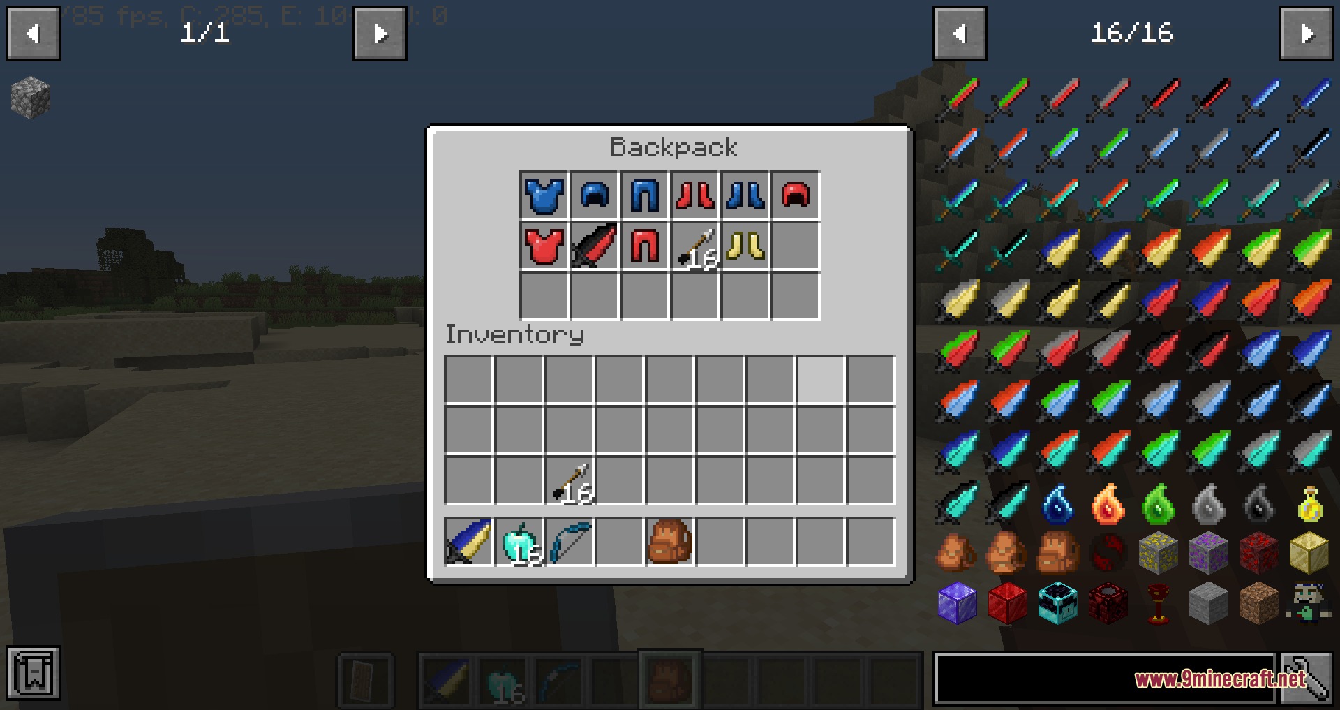 Inventory screen displaying backpack storage and many colorful magic swords