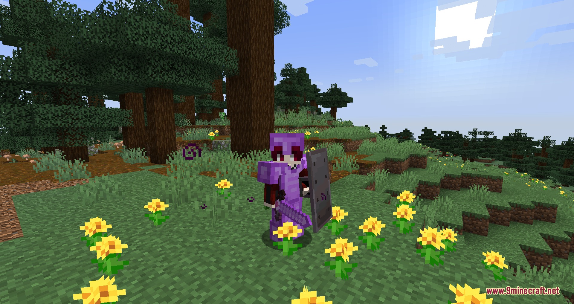 Player wearing purple Nightmare armor stands in a forest with yellow flowers