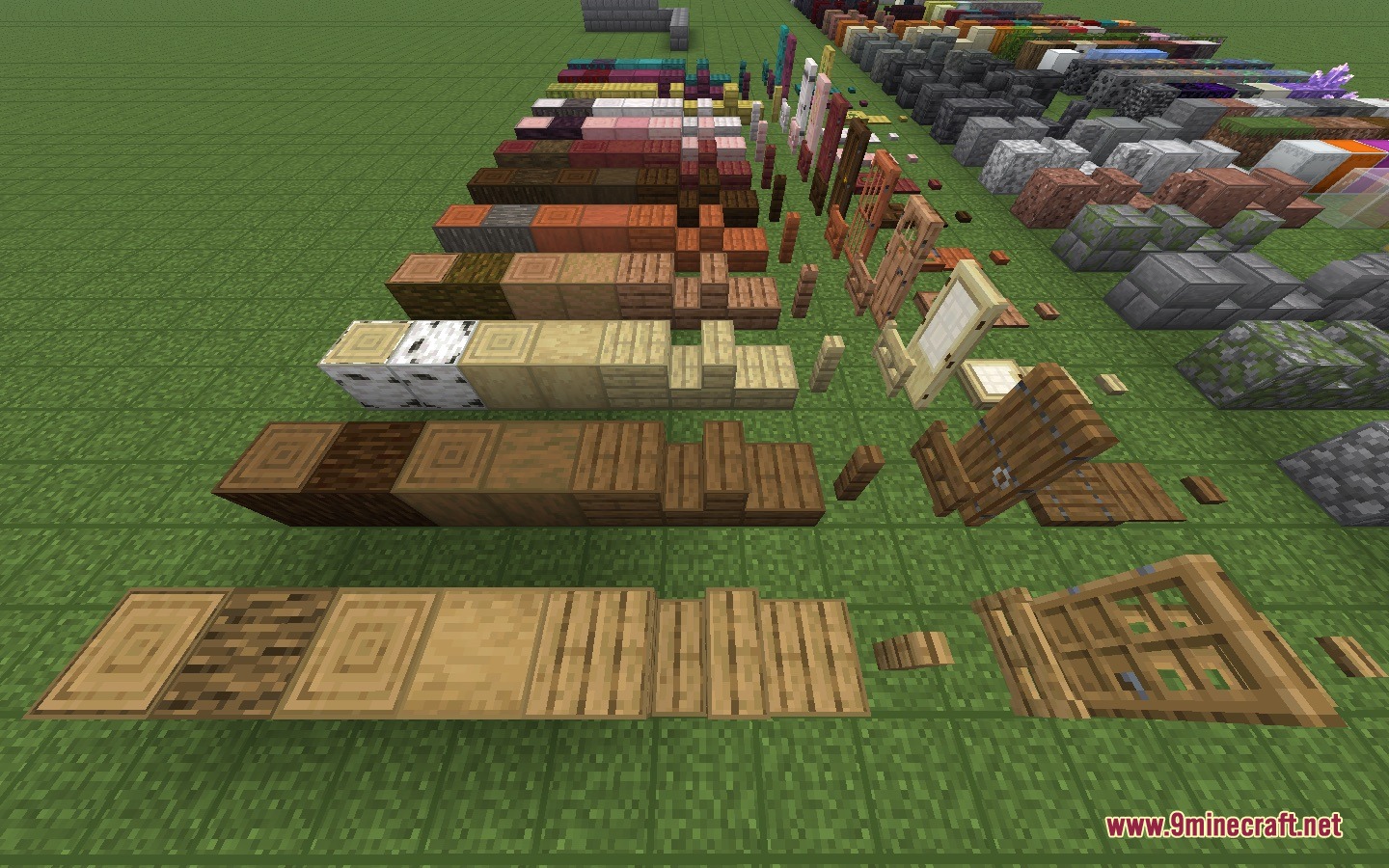Facet Mod Screenshot 5 Rows of different wood and stone blocks displayed on a grass field