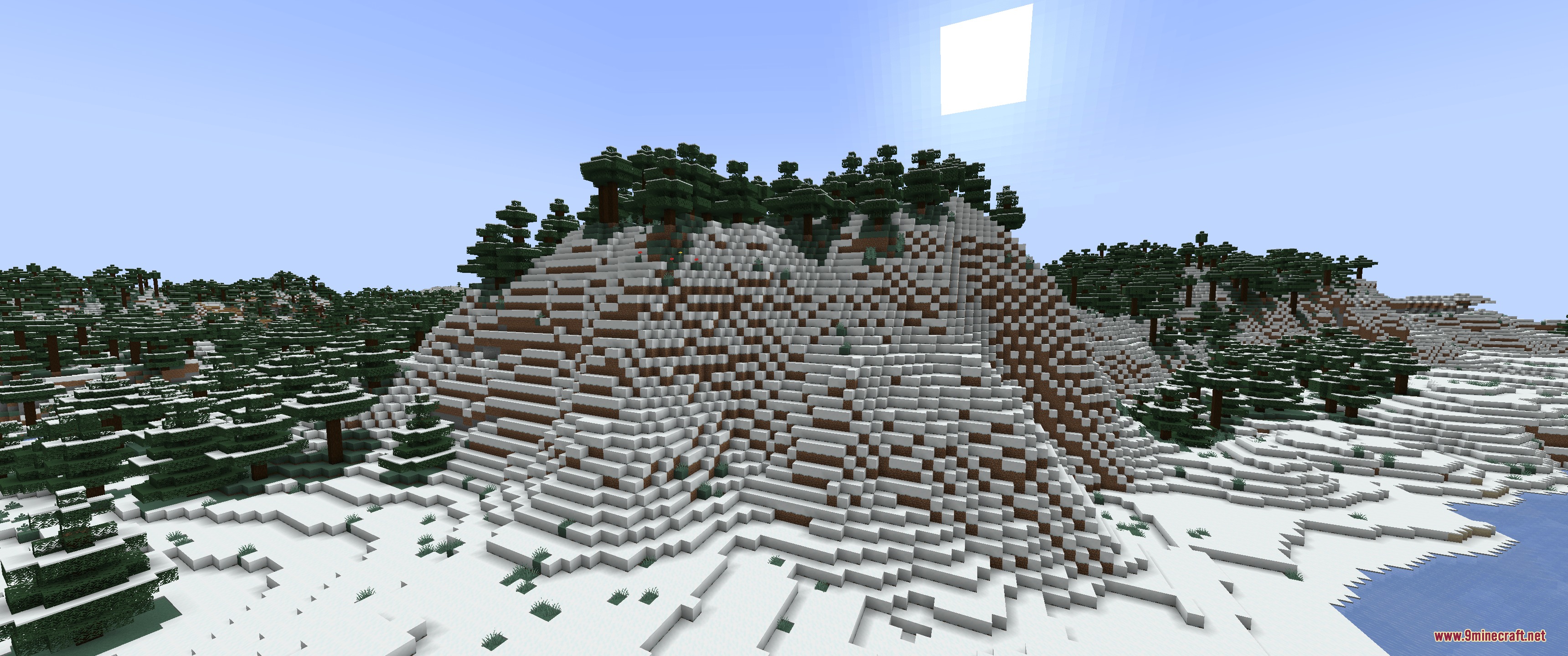 Faithful 32x Lower Grass Sides Resource Pack Screenshot 1 Snowy mountain peaks with spruce trees and clean white terrain block sides