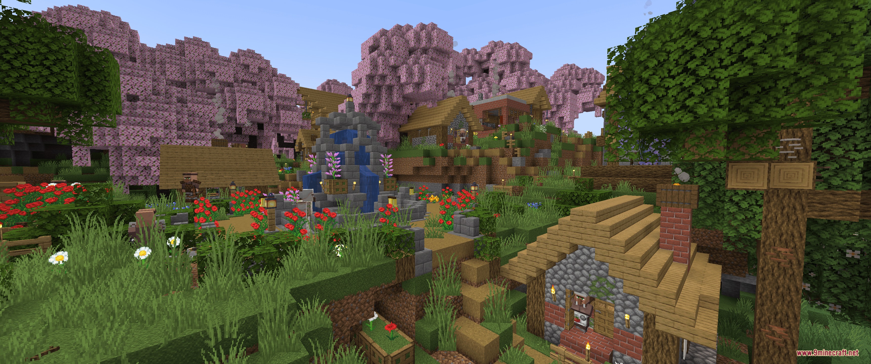 Faithful 32x Lower Grass Sides Resource Pack Screenshot 2 Lush village landscape with pink cherry blossom trees and detailed grass blocks