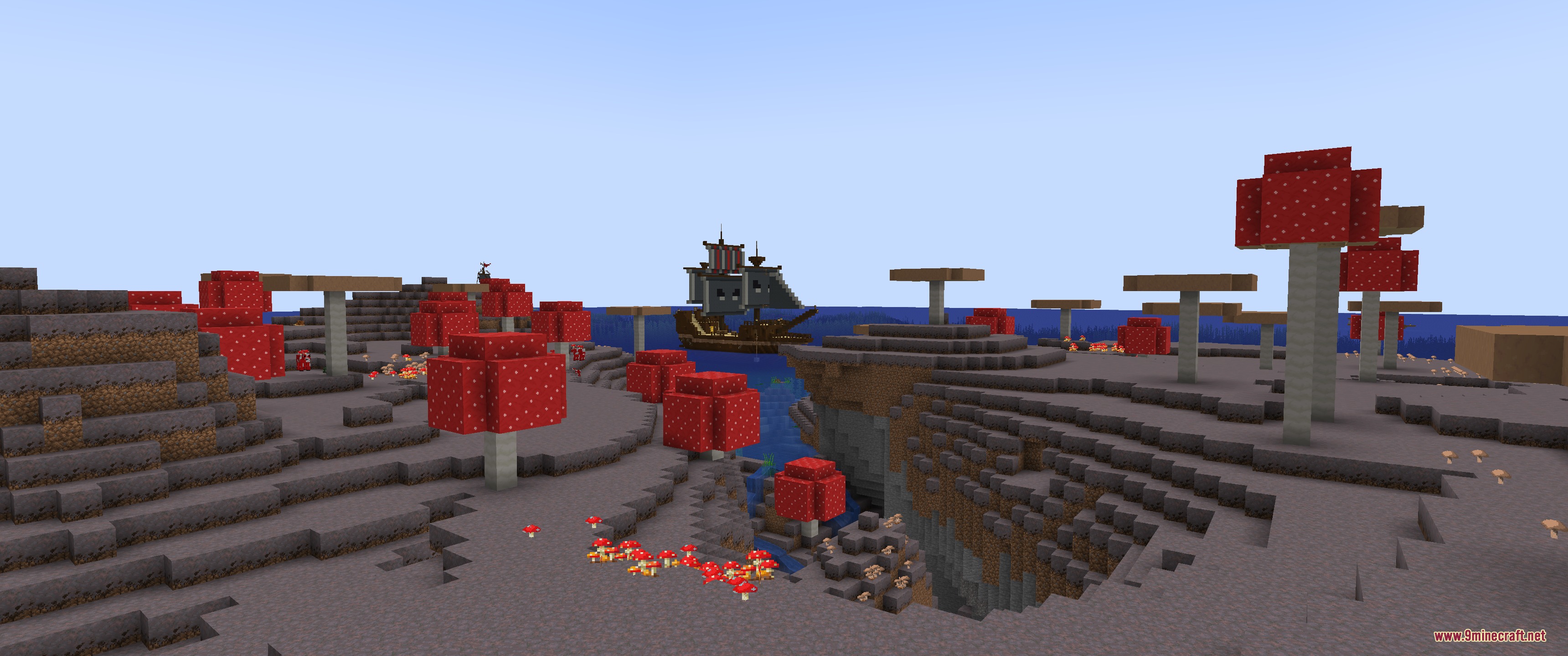 Faithful 32x Lower Grass Sides Resource Pack Screenshot 3 Mushroom island landscape with giant mushrooms and a shipwreck in the background