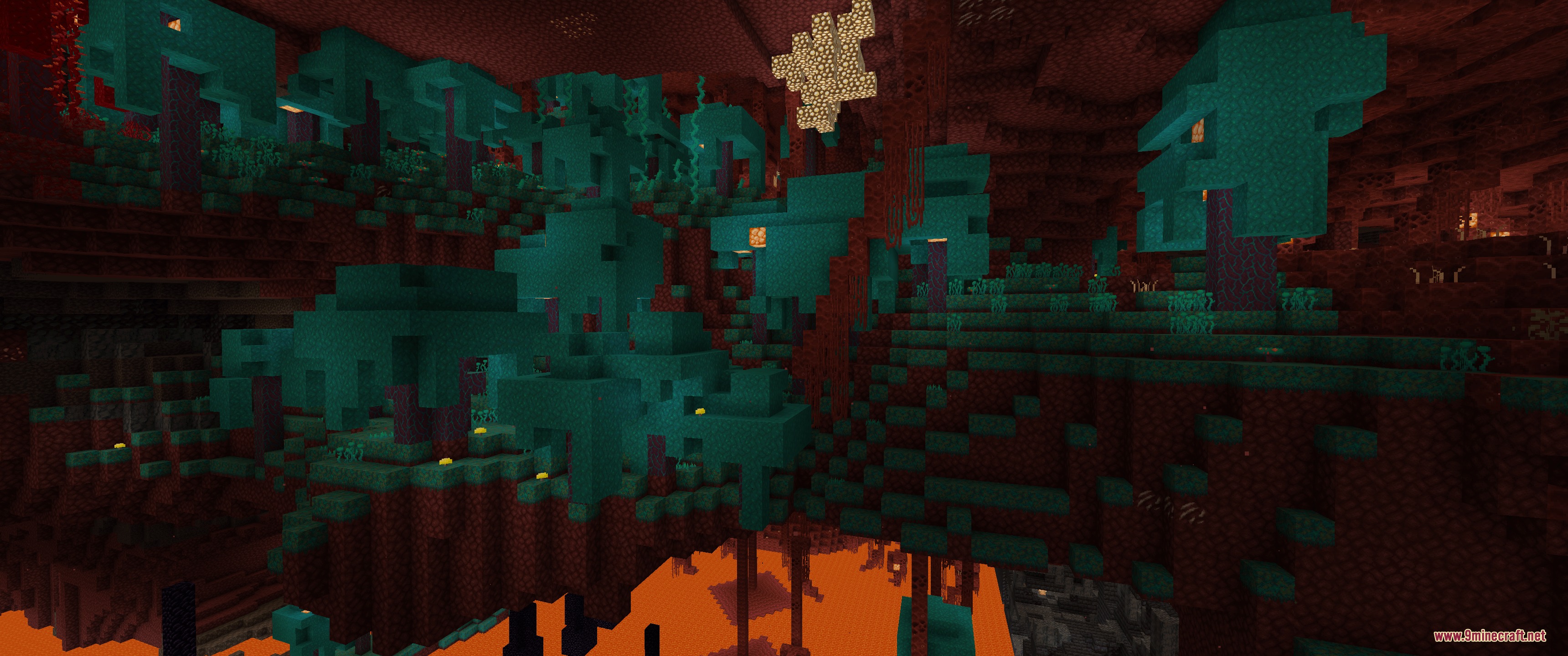 Faithful 32x Lower Grass Sides Resource Pack Screenshot 4 Warped forest biome in the Nether with teal trees and lava below