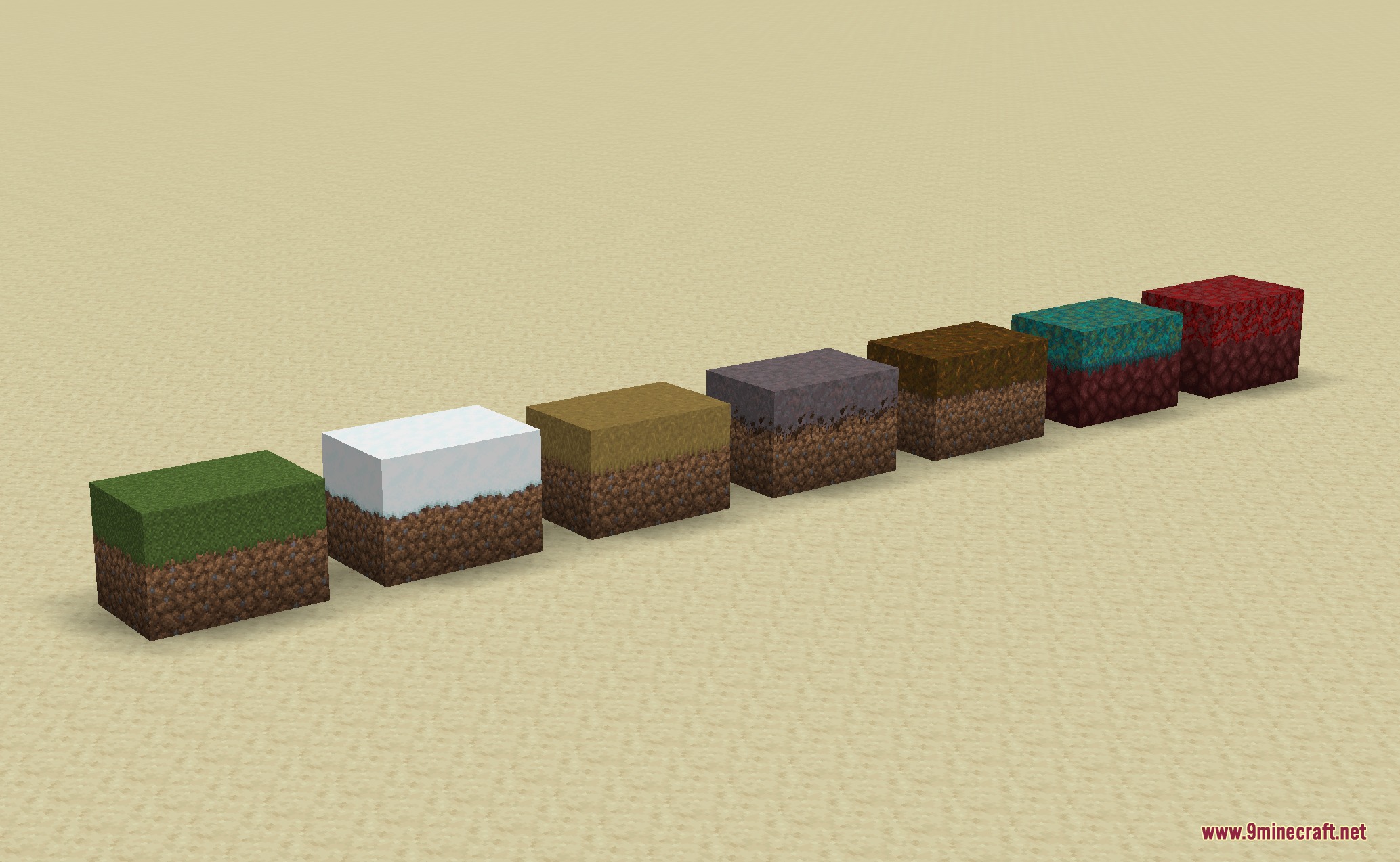 Faithful 32x Lower Grass Sides Resource Pack Screenshot 6 Various terrain blocks with lower side textures displayed in a straight line