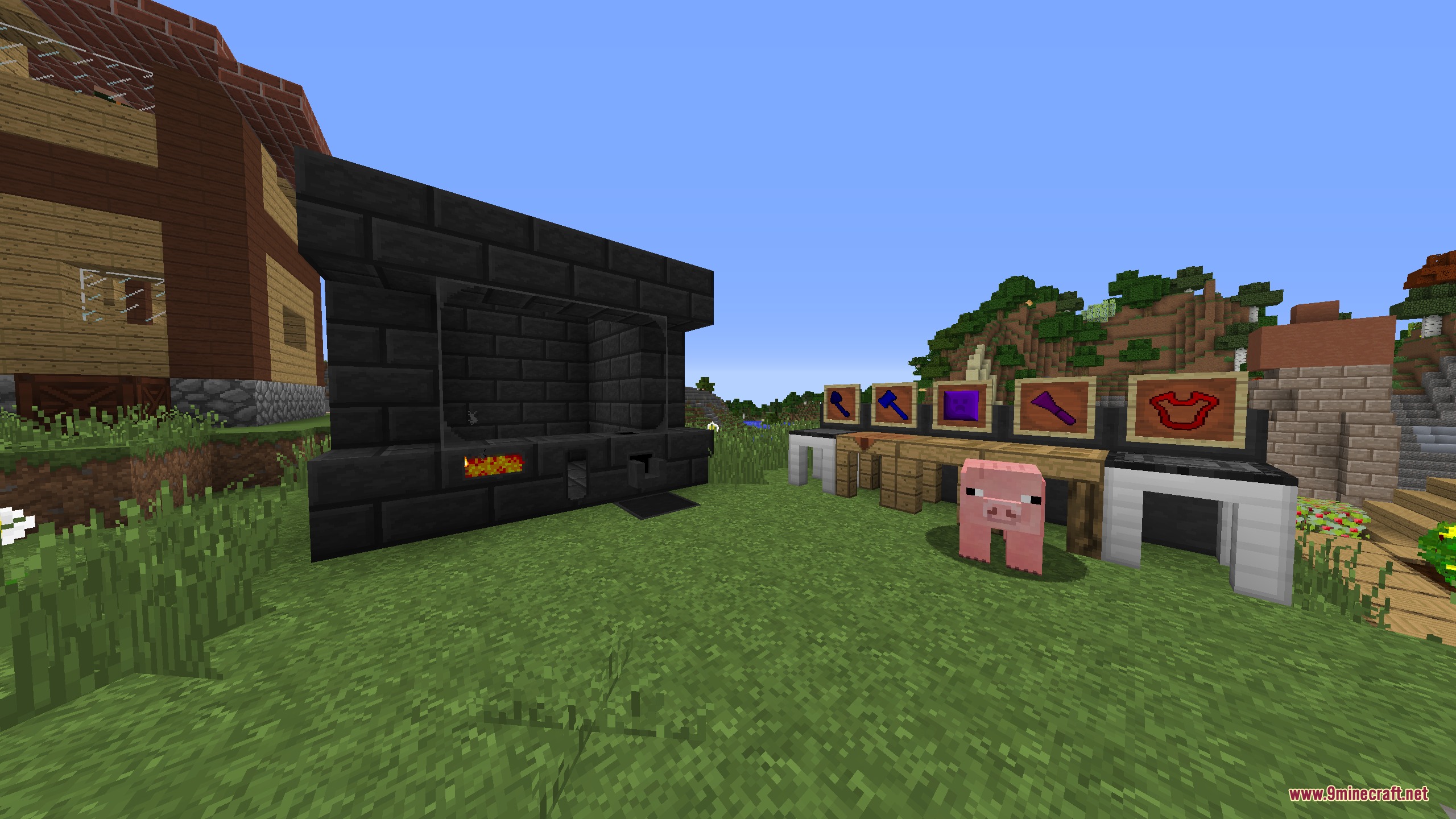 Faithful 32x Modded Resource Pack Screenshot 4 Black brick furnace and crafting tables with purple tools and a pig