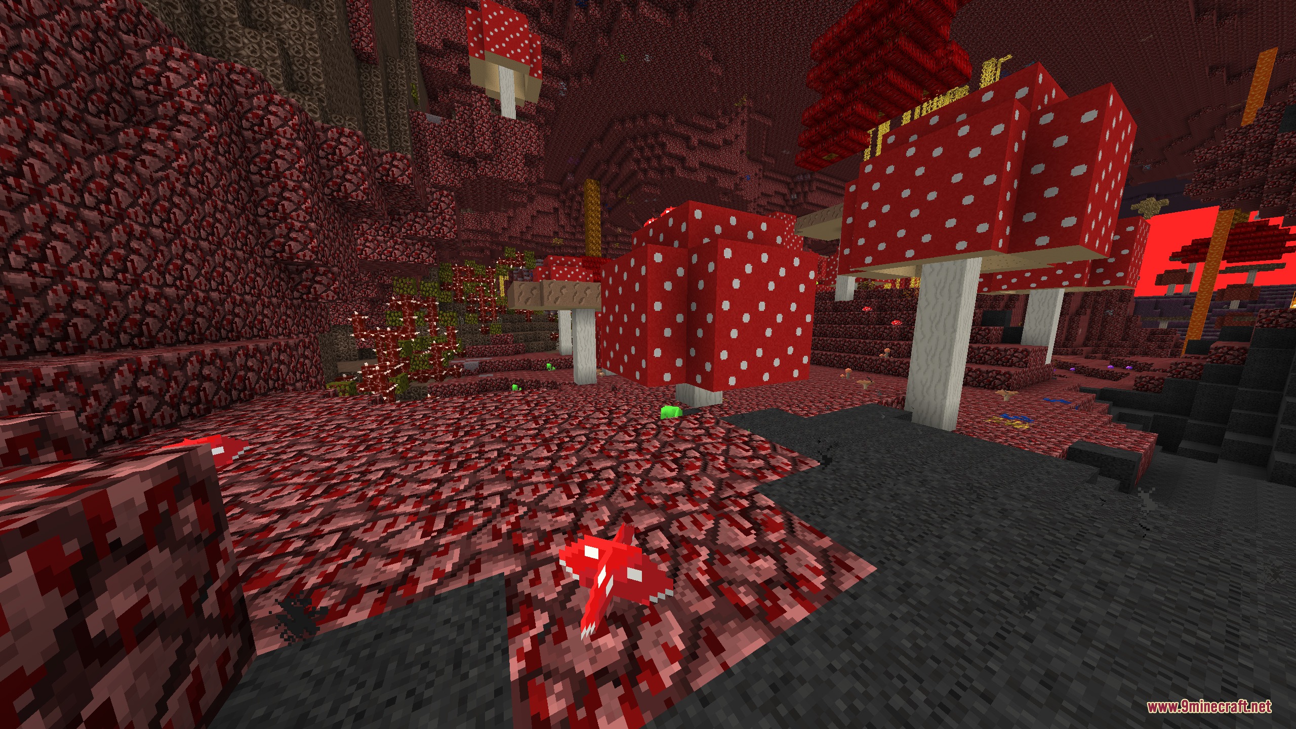 Faithful 32x Modded Resource Pack Screenshot 5 Giant red mushrooms grow across the netherrack landscape in a red dimension
