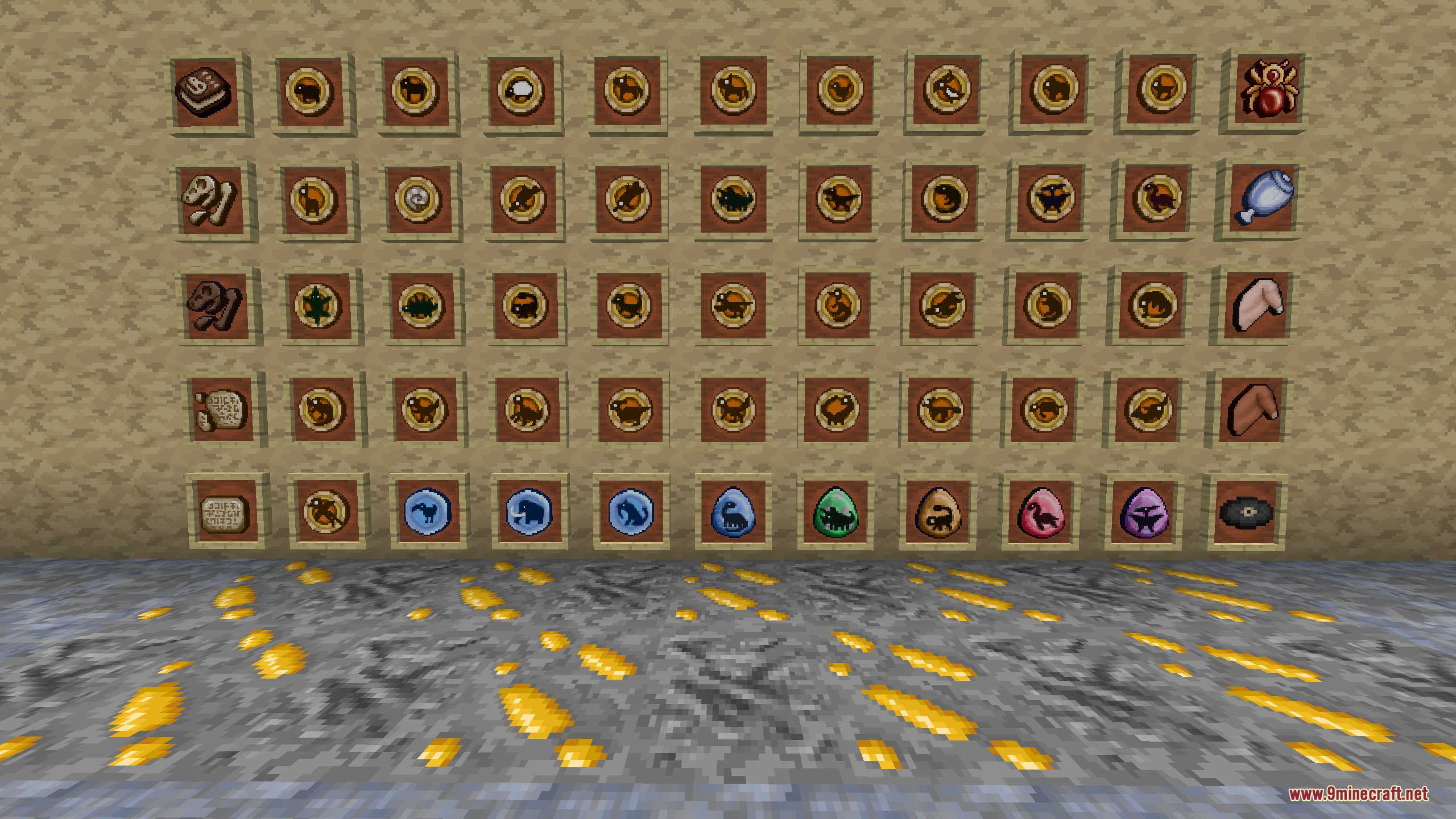 Faithful 32x Modded Resource Pack Screenshot 7 Dinosaur fossils and DNA items displayed in item frames on a wall