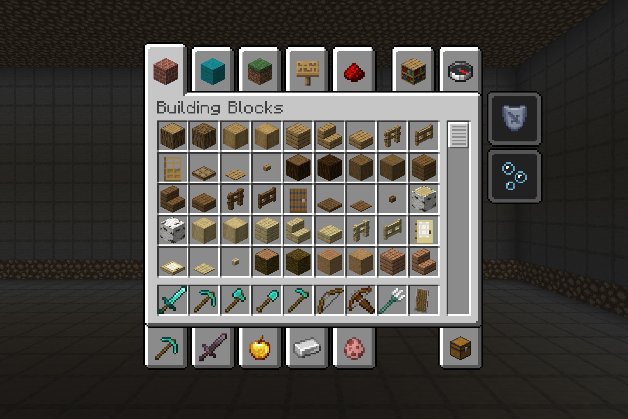 Fake Hardcore Heart Resource Pack Screenshot 1 Minecraft creative mode inventory screen showing building blocks and various diamond tools