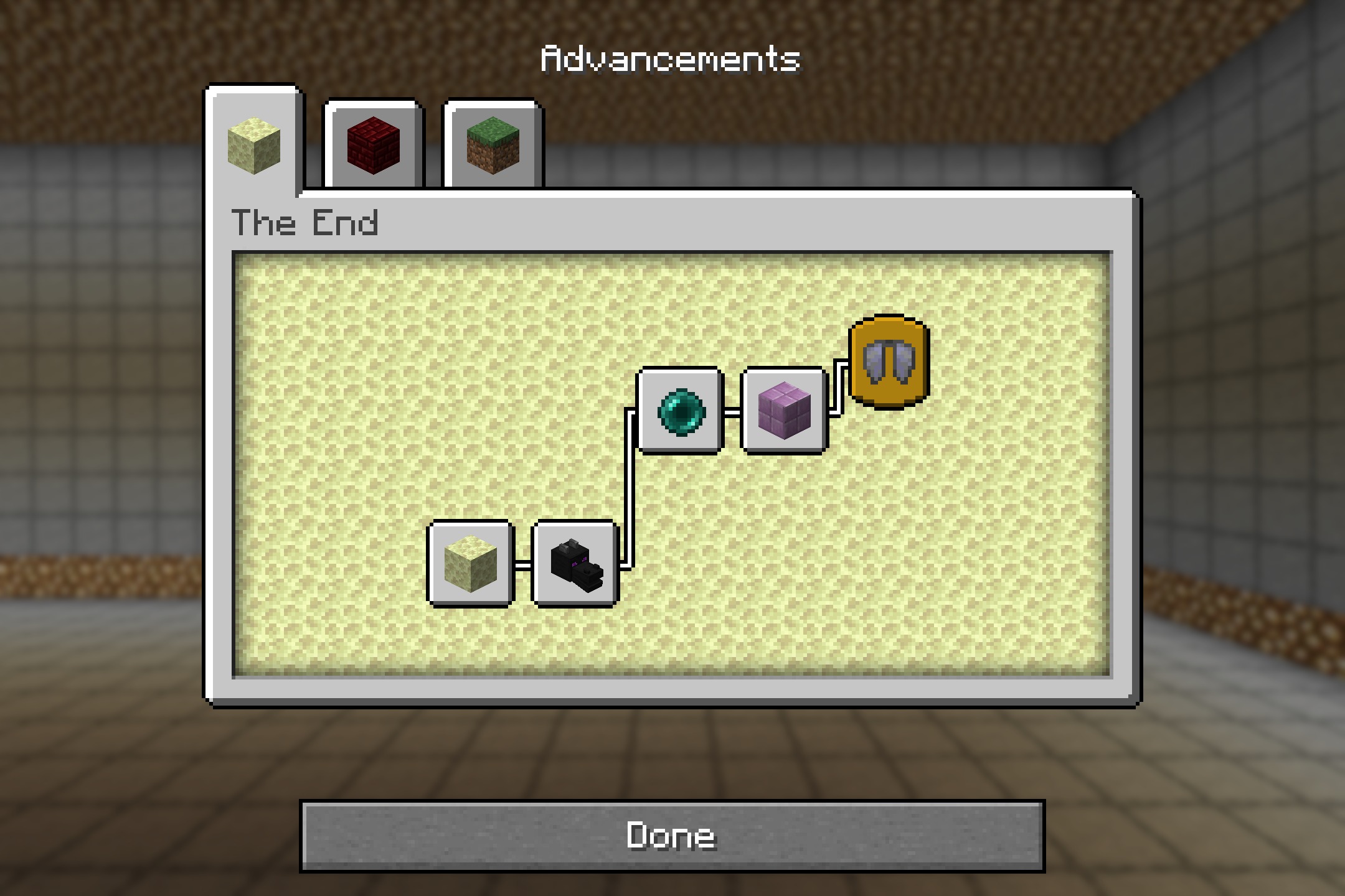 Fake Hardcore Heart Resource Pack Screenshot 2 Minecraft advancements screen showing the end tab with several completed game achievements