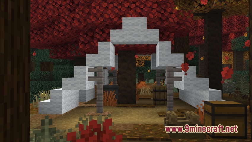 Falldrop Backport Mod Screenshot 3 A white wool tent structure located in a forest with red autumn trees
