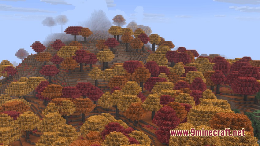 Falldrop Backport Mod Screenshot 4 A scenic view of a hilly forest filled with colorful autumn trees