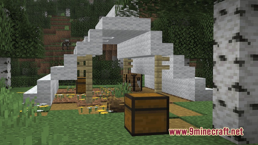 Falldrop Backport Mod Screenshot 5 A campsite featuring a white wool tent and chests in a birch forest