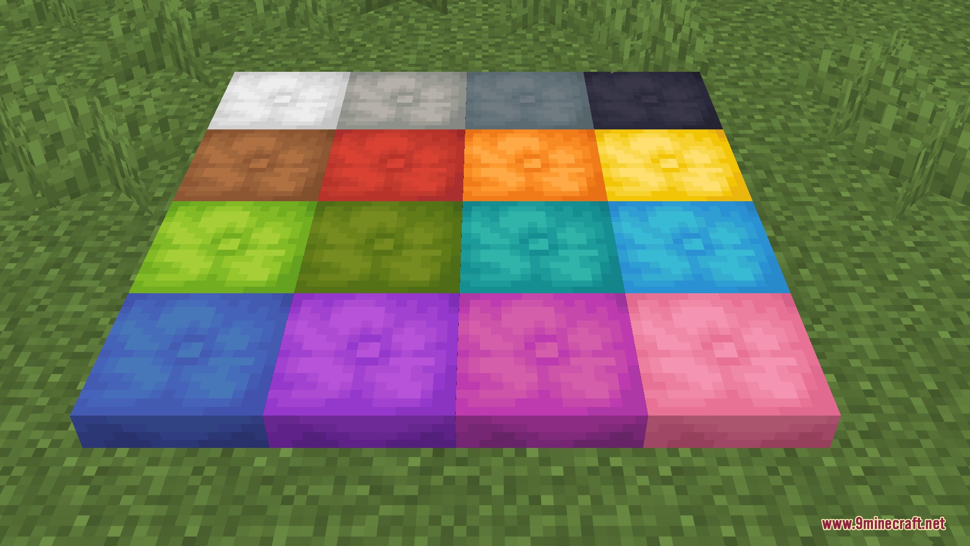 Falldrop Backport Mod Screenshot 7 A grid of sixteen different colored soft cushions placed on grass