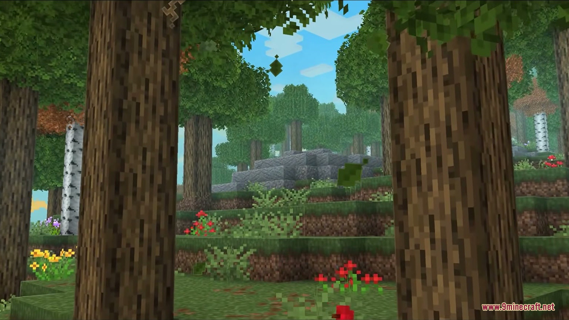Falling Leaves Plus Mod Screenshot 1 Green leaf particles fall from the canopy in a peaceful Minecraft forest biome