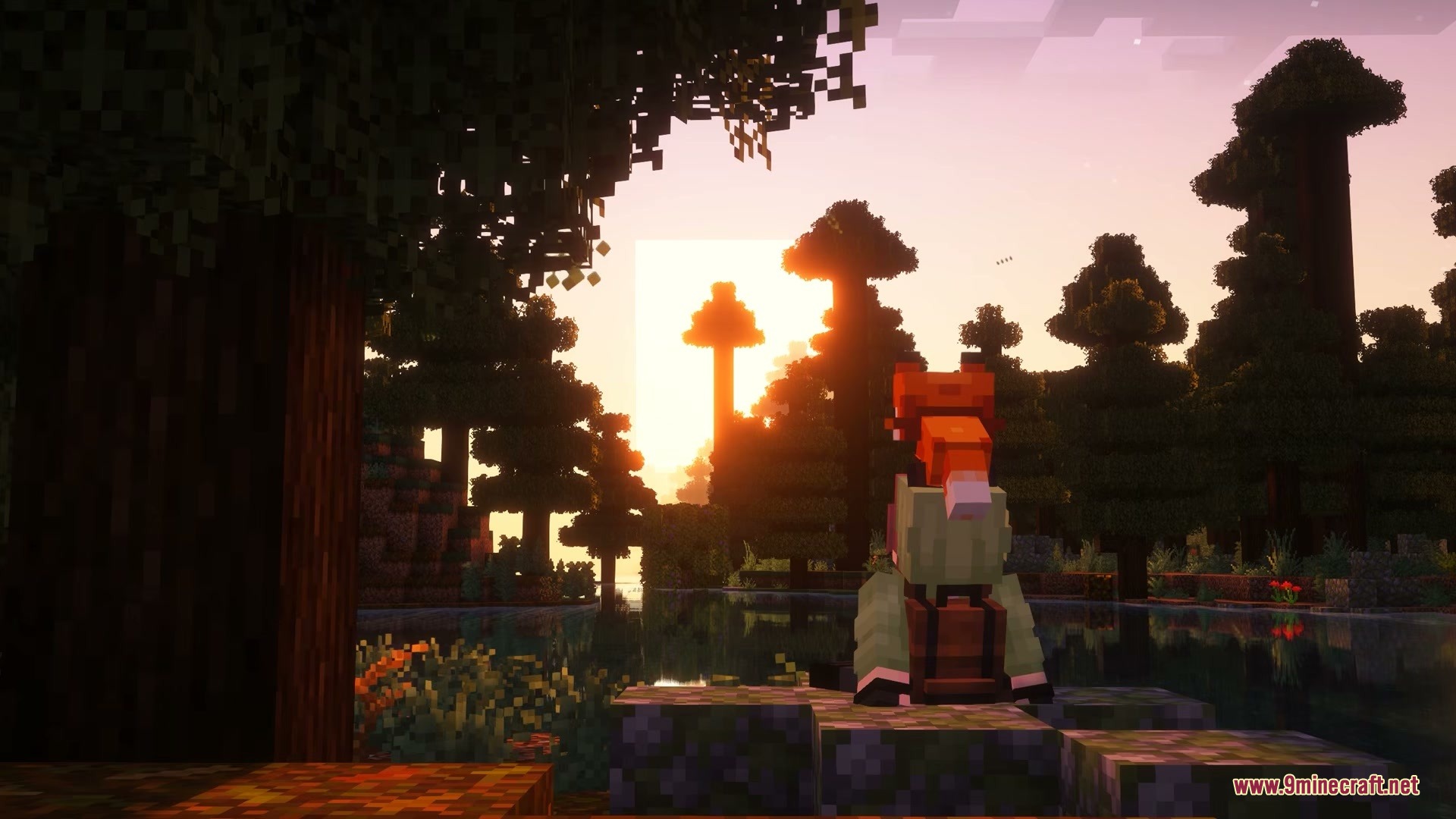 Falling Leaves Plus Mod Screenshot 10 A fox character sits by a lake watching the sunset in the forest