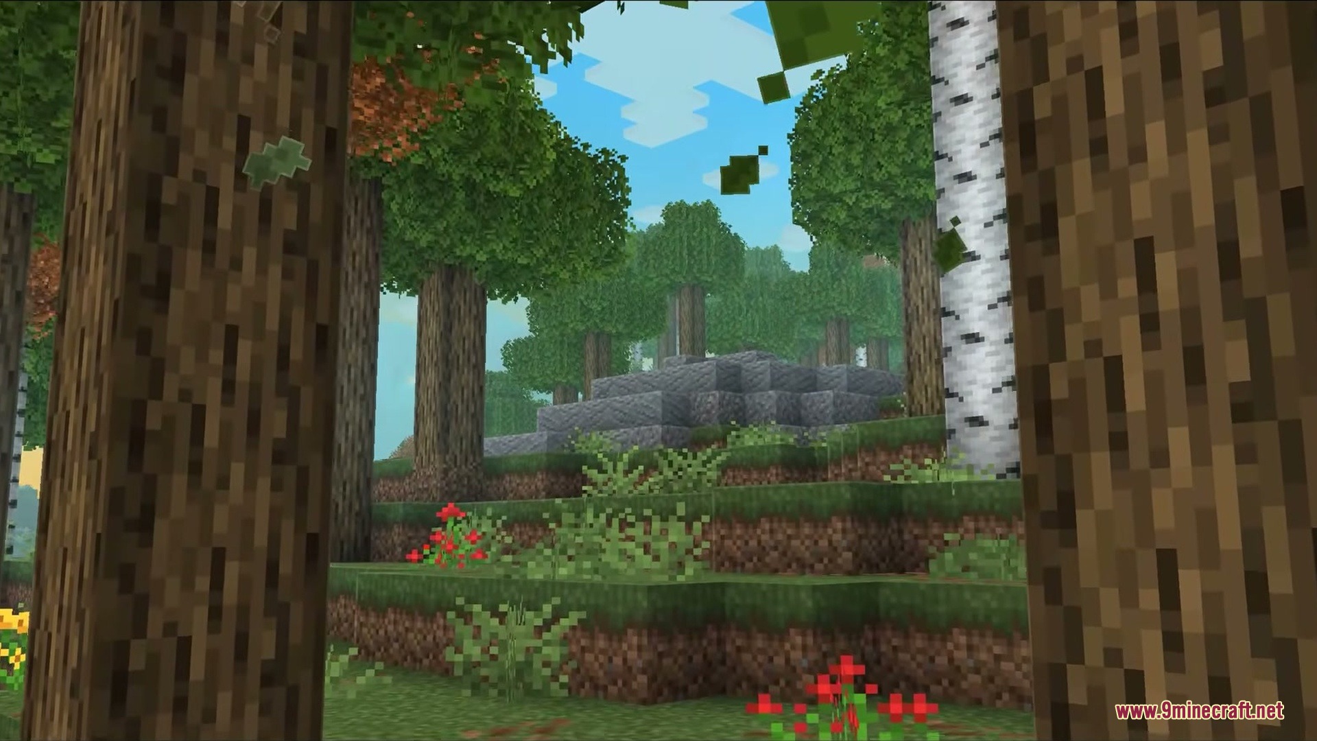 Falling Leaves Plus Mod Screenshot 2 Small green leaves drift through the air near a tall birch tree trunk