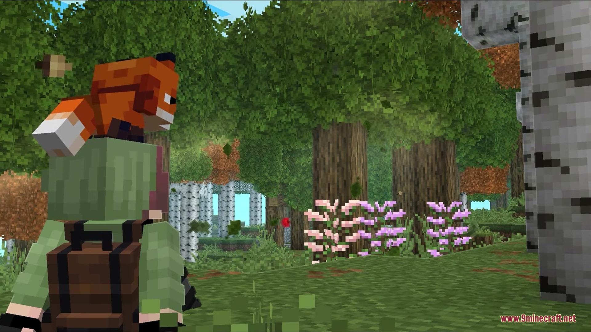 Falling Leaves Plus Mod Screenshot 6 A player wearing a backpack and a fox explores a flowery birch forest
