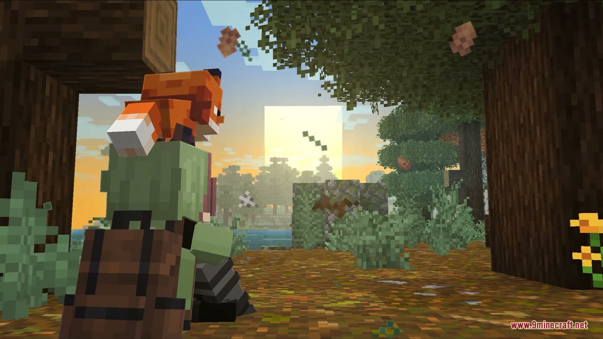 Falling Leaves Plus Mod Screenshot 7 A player with a fox on their head watches leaves fall during sunset