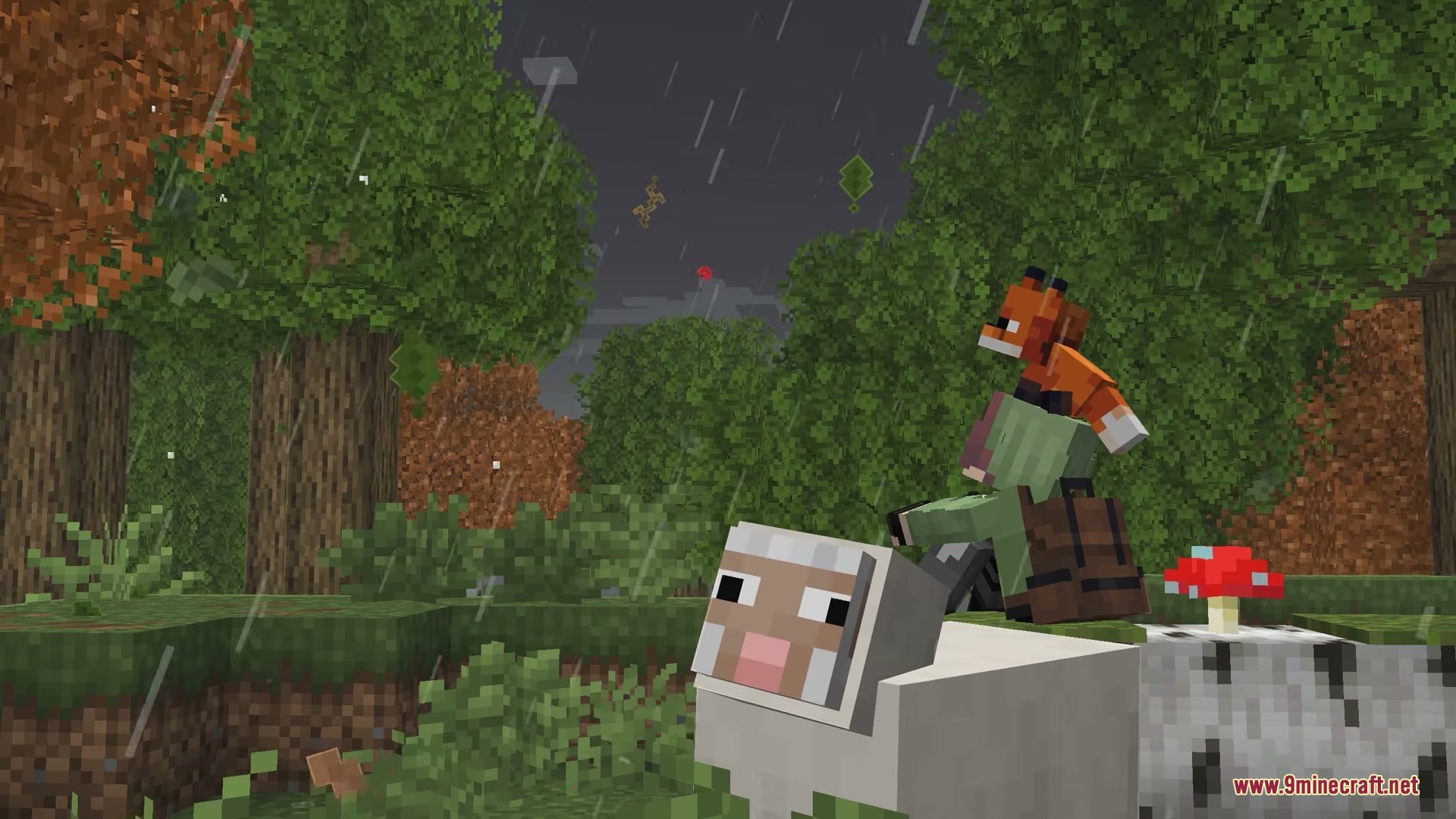 Falling Leaves Plus Mod Screenshot 8 A player with a fox on their head rides a sheep in the rain