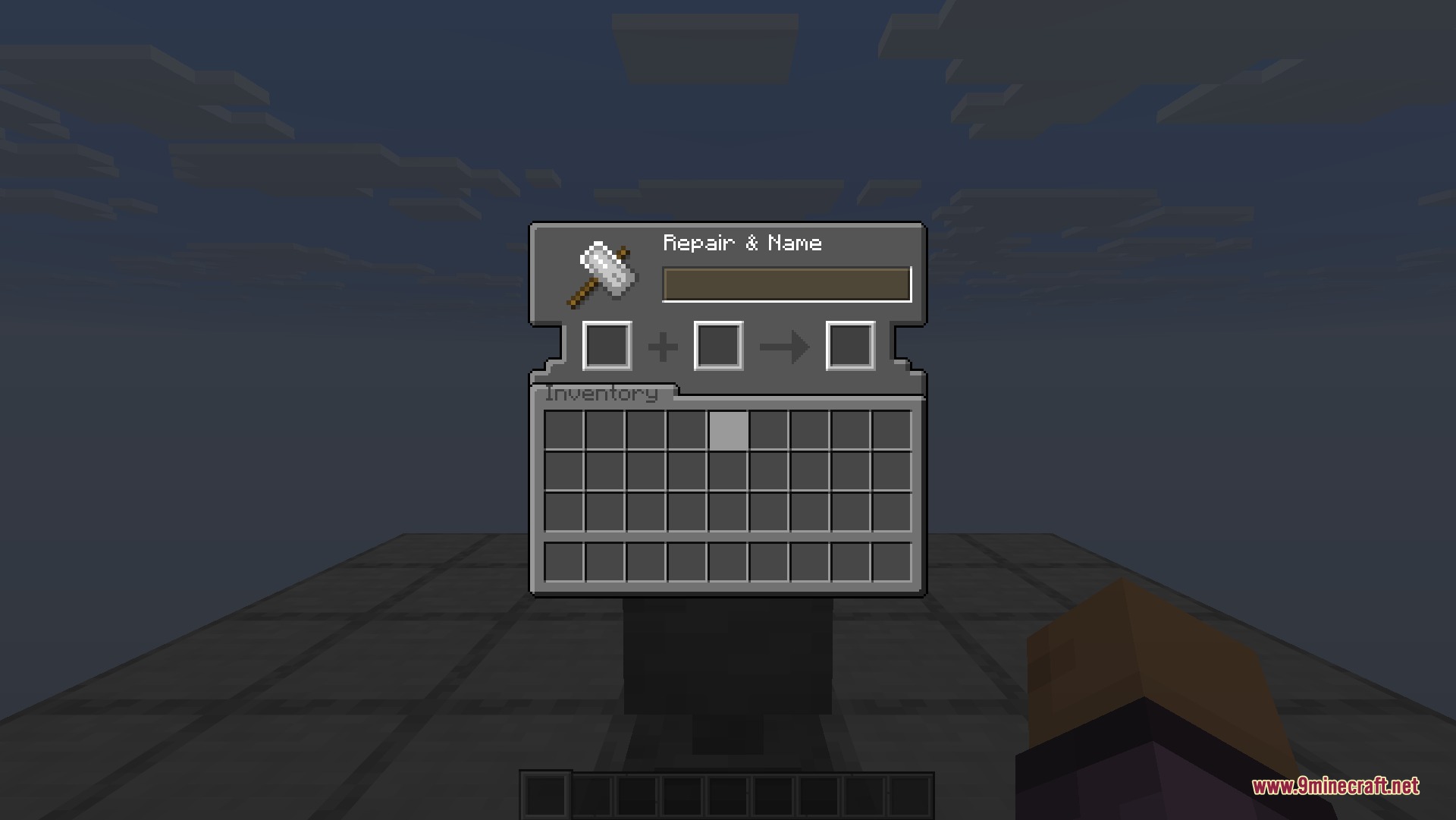 A refined anvil repair and name screen with a sleek dark theme