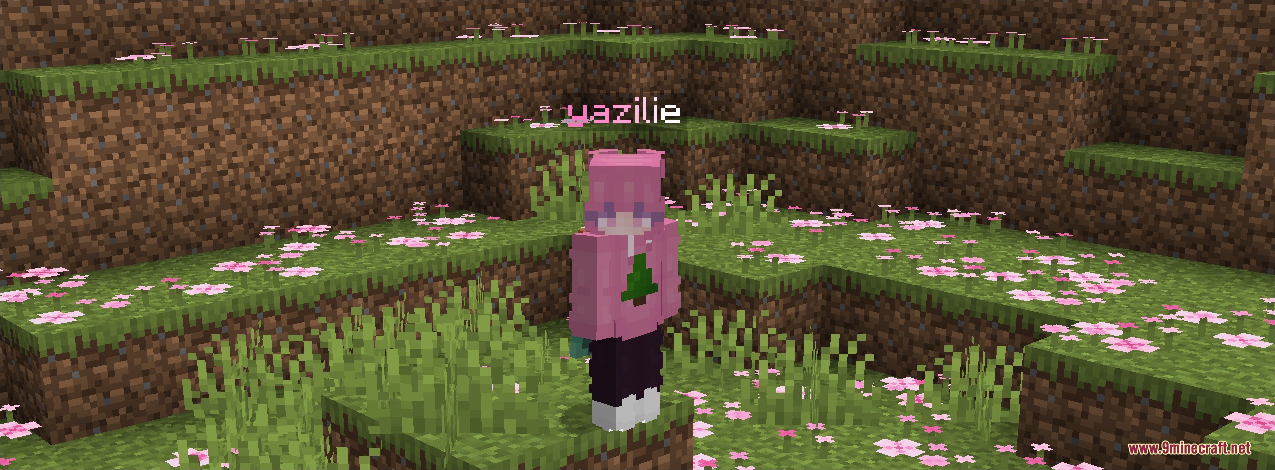 Fancy Name Mod Screenshot 1 A Minecraft player character with a pink name tag in a flowery biome