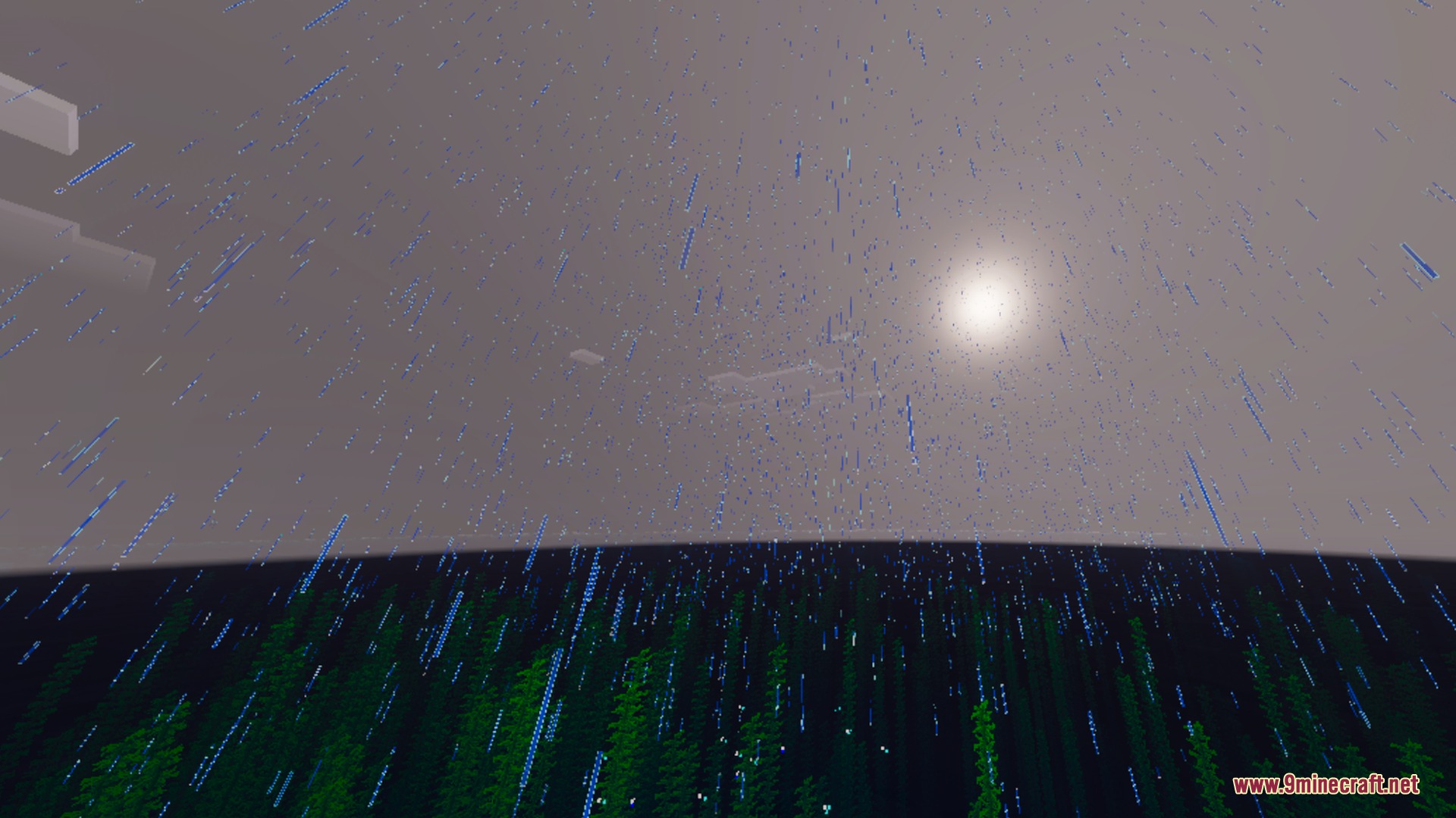 Fancy Visuals Shader Screenshot 10 Rain falling over green plants under a cloudy sky with the sun visible