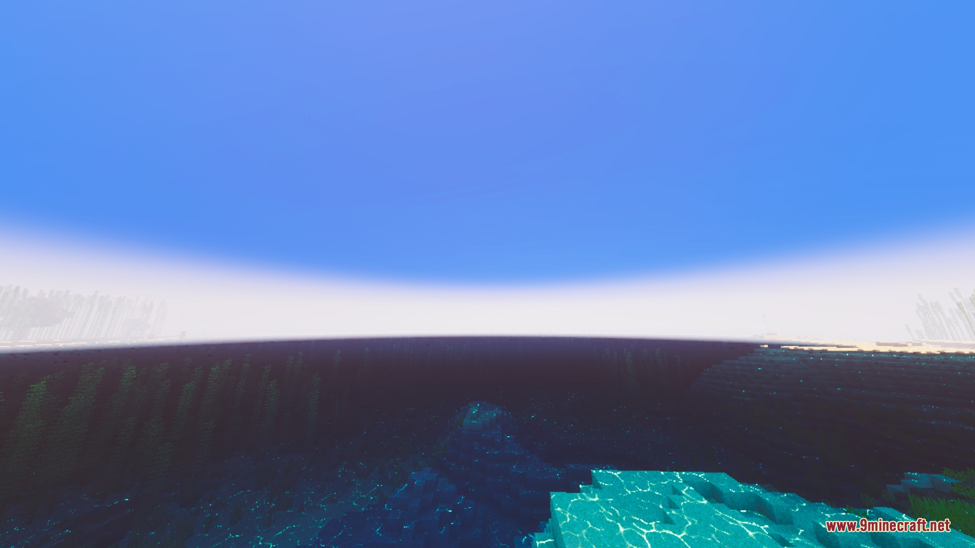 Fancy Visuals Shader Screenshot 2 Glowing ocean surface with warm light reflections under a soft pink sunset sky