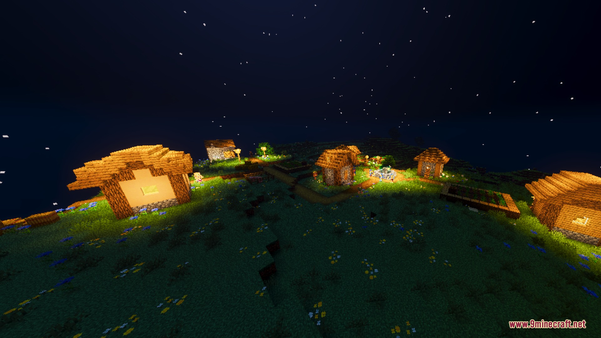 Fancy Visuals Shader Screenshot 4 Cozy village houses illuminated by warm lanterns during a clear starry night
