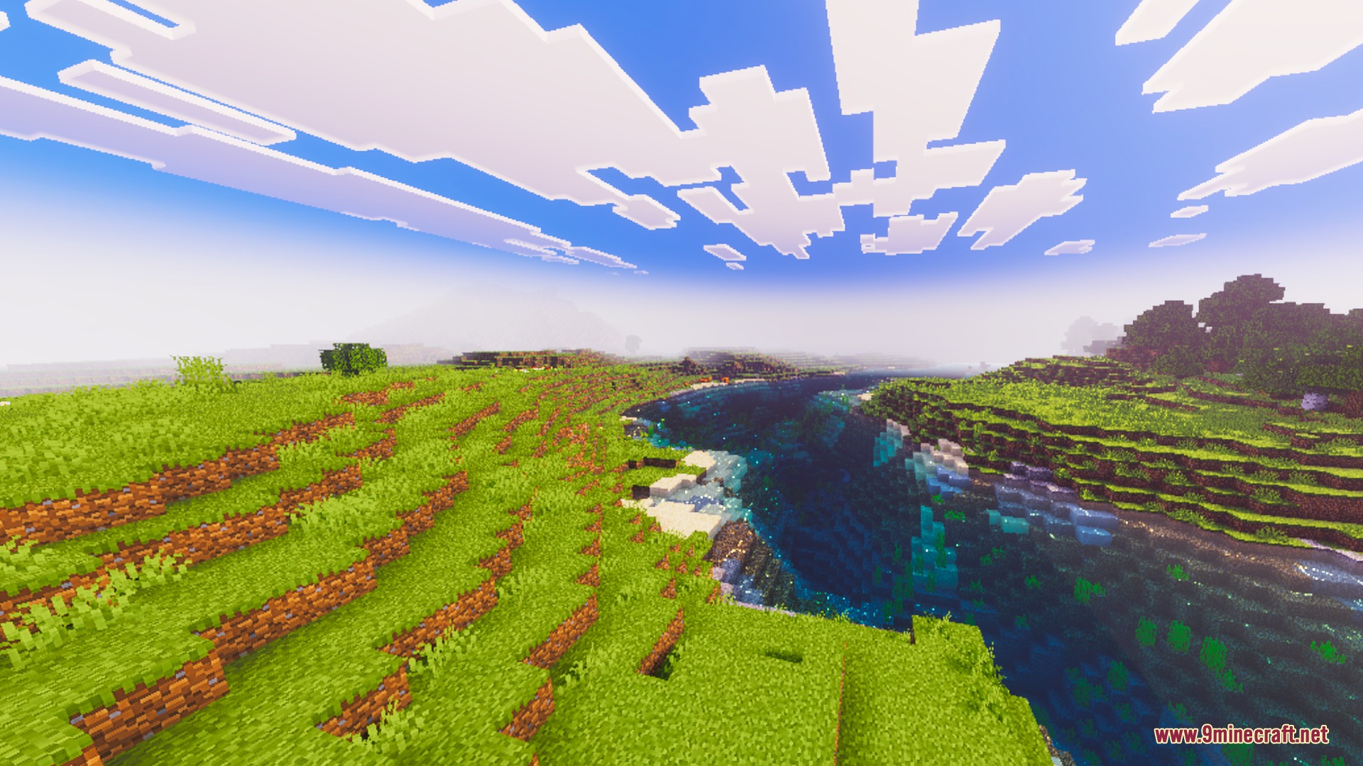 Fancy Visuals Shader Screenshot 5 Scenic Minecraft landscape featuring rolling green hills and a river under bright clouds