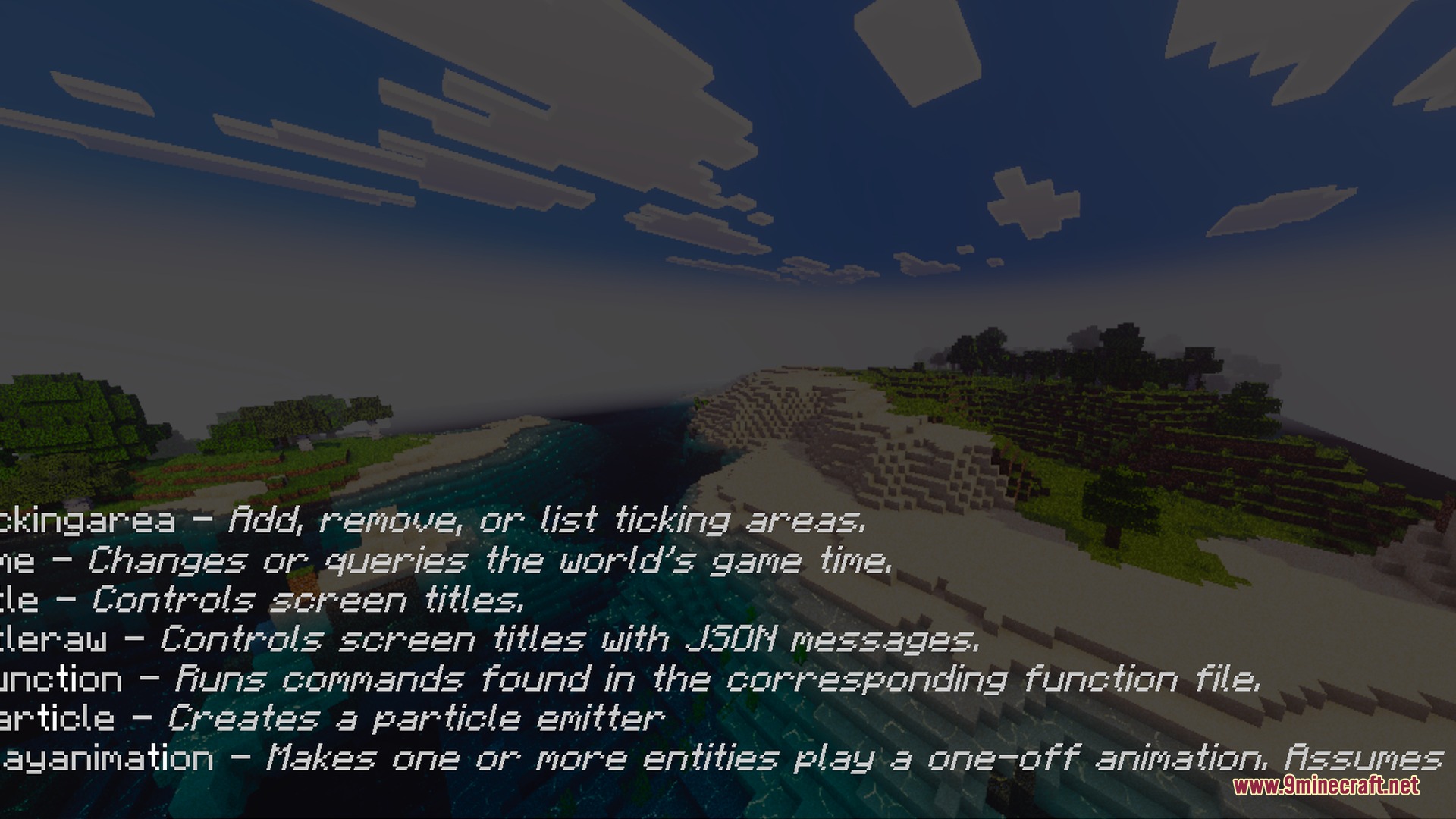 Fancy Visuals Shader Screenshot 7 Fancy Visuals shader displaying a list of commands over a sunset beach