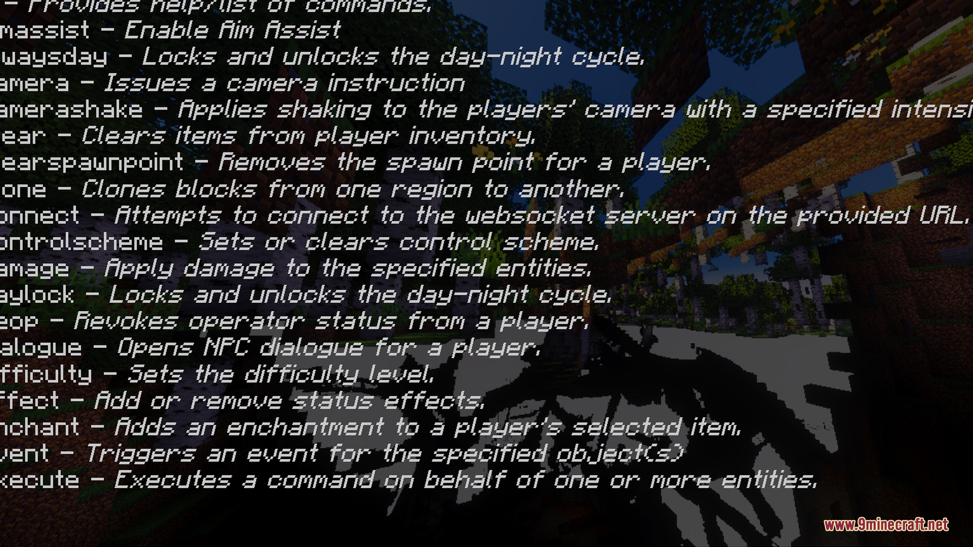 Fancy Visuals Shader Screenshot 8 A list of game commands shown over a dark Minecraft forest scene