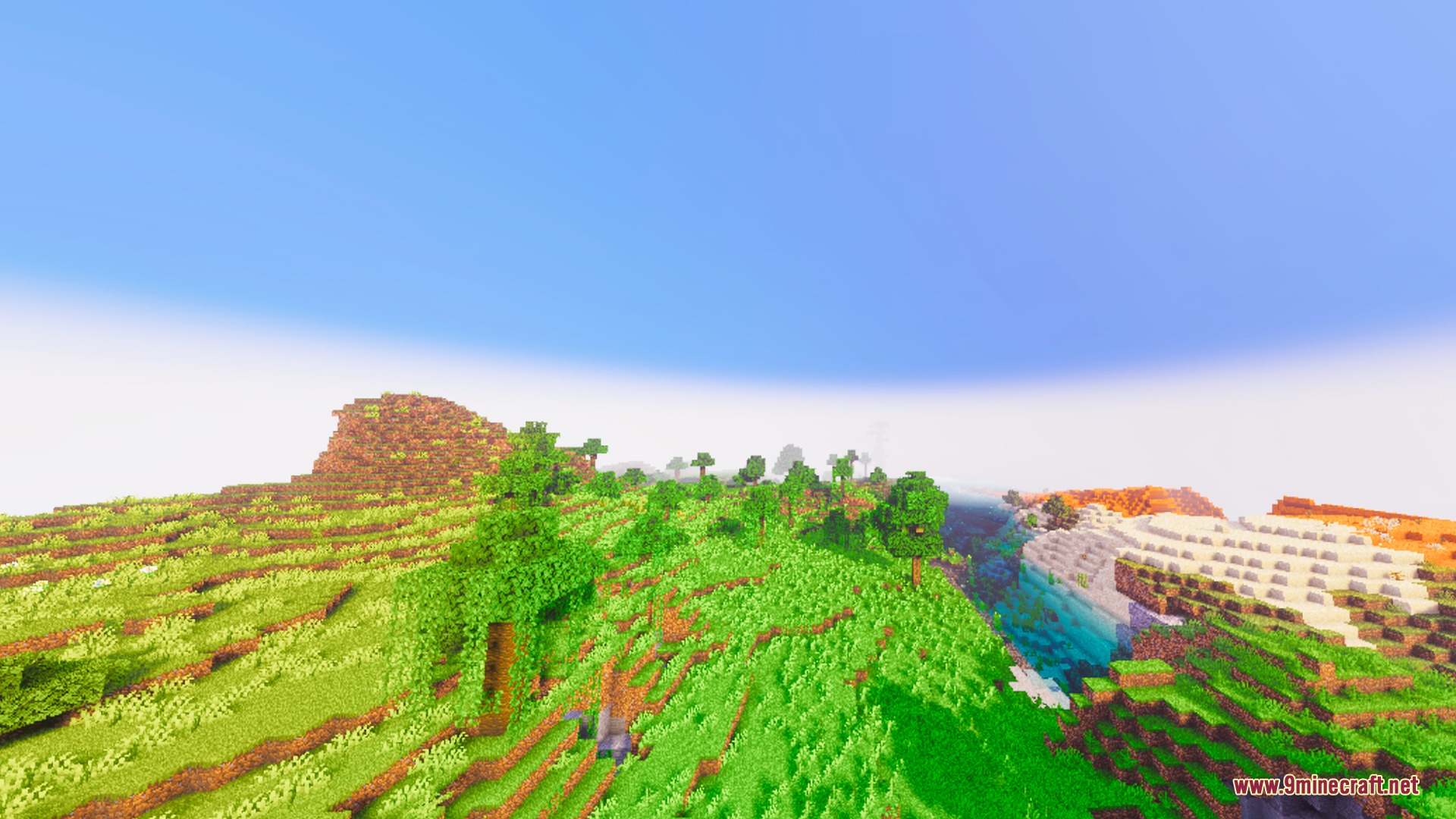Fancy Visuals Shader Screenshot 9 Lush green hills and trees under a bright blue sky with cinematic lighting
