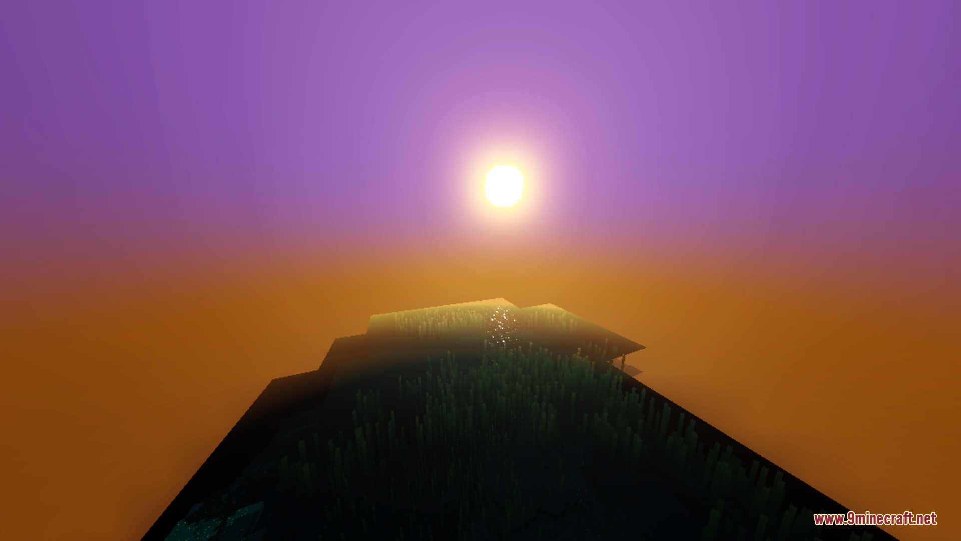 Beautiful fantasy sunset with purple and orange skies over a small grassy island
