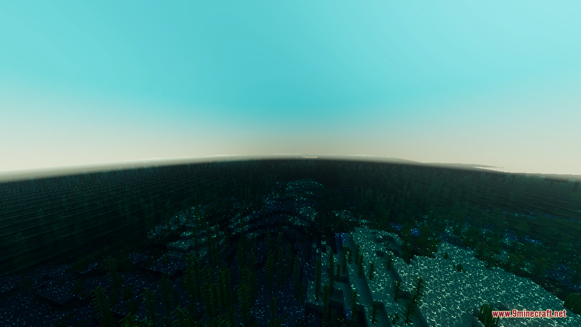 Vibrant teal sky glows above a lush underwater kelp forest in Minecraft