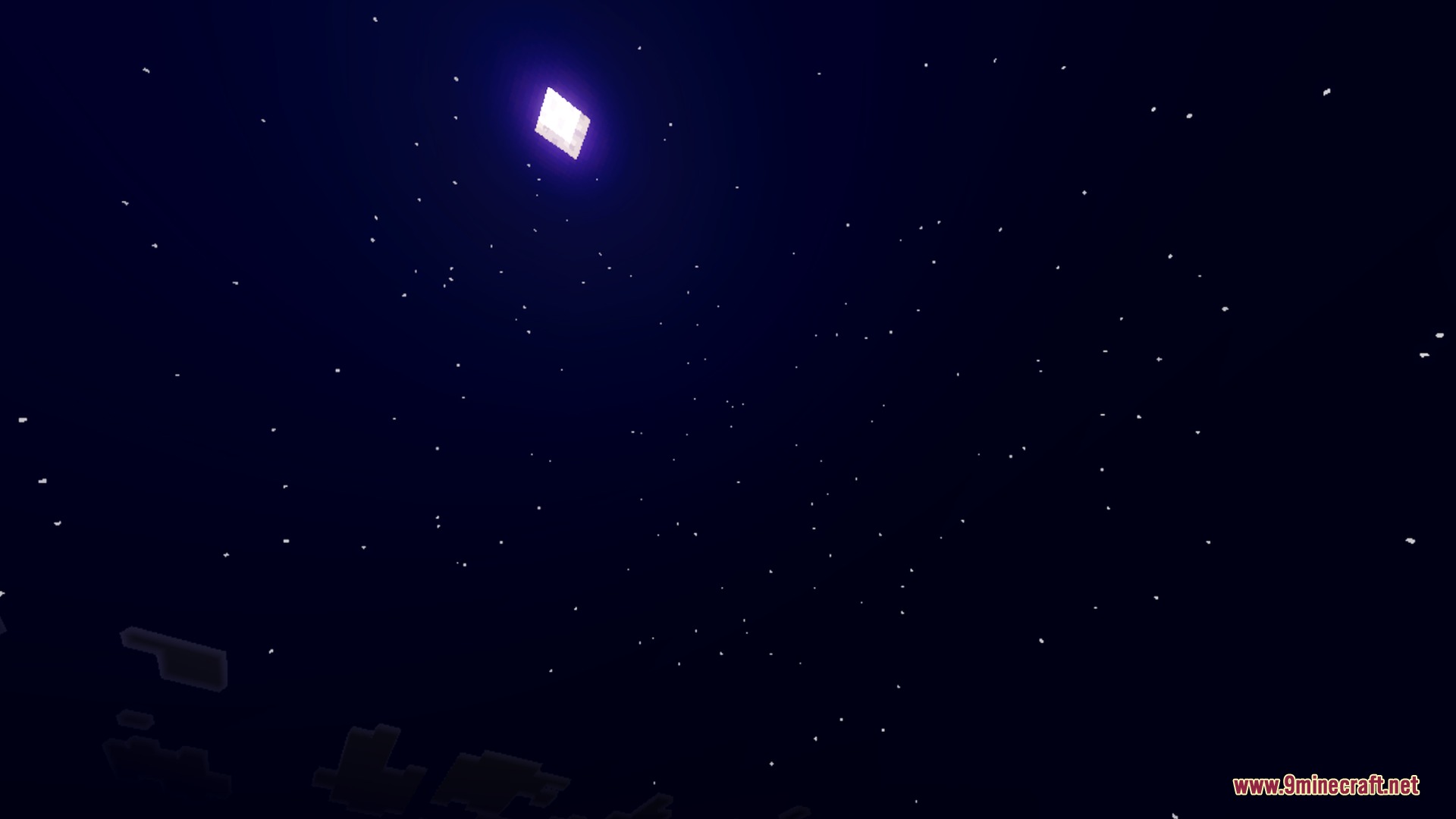 A glowing square moon shines brightly in the starry night sky of Minecraft
