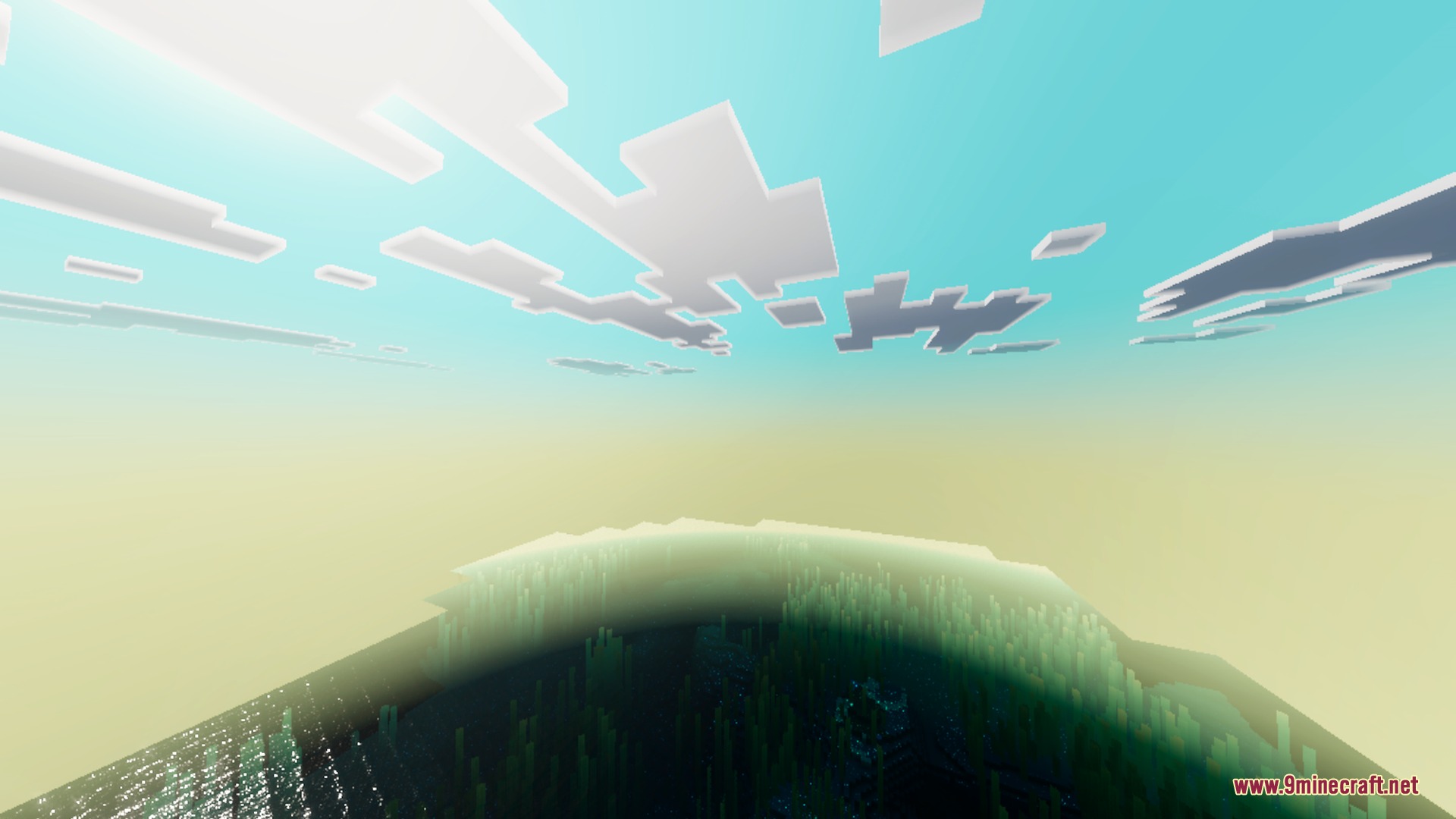 Vibrant anime style clouds float across a bright and colorful daytime sky