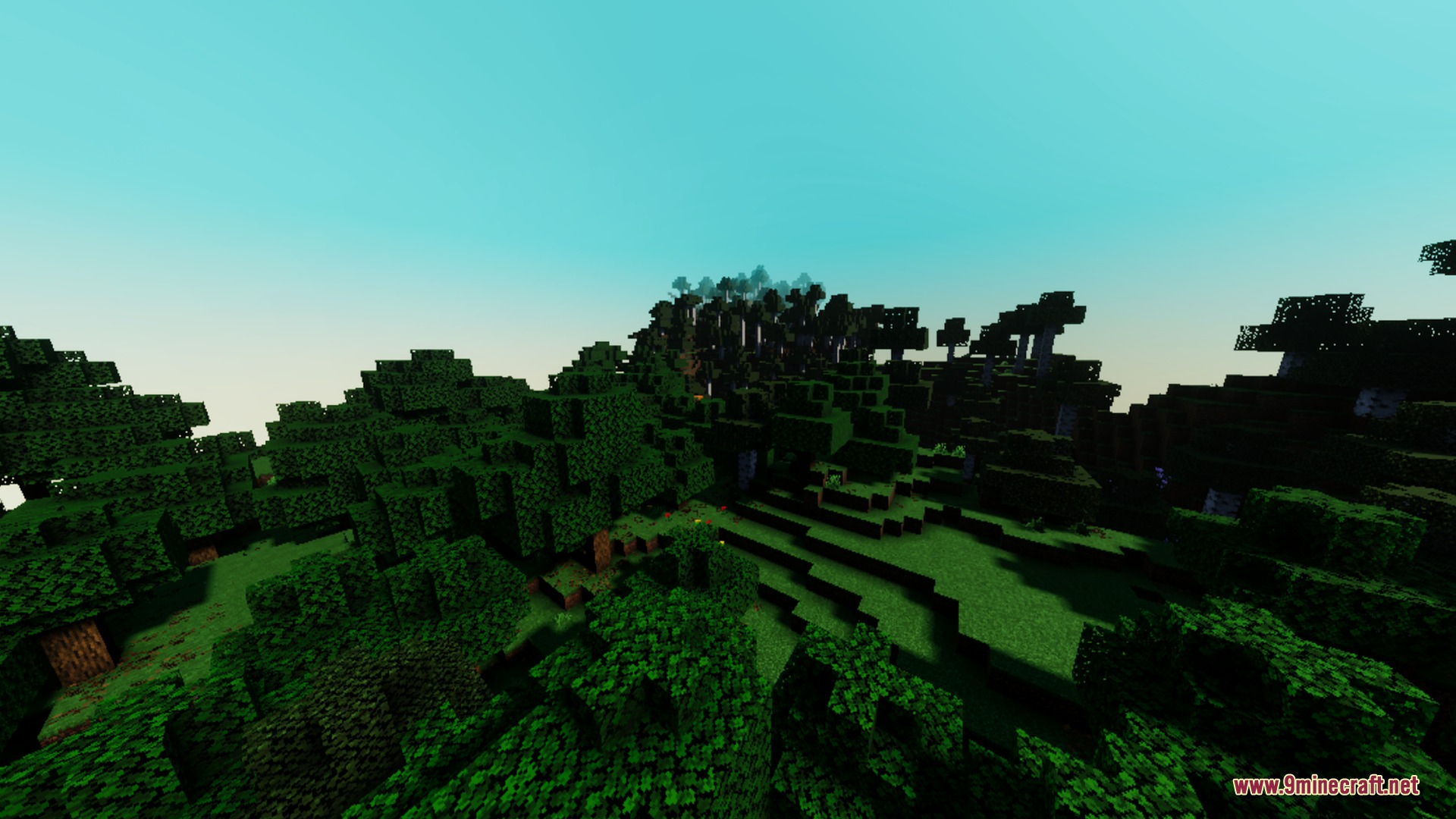 Vibrant green forest landscape with rolling hills under a bright fantasy sky