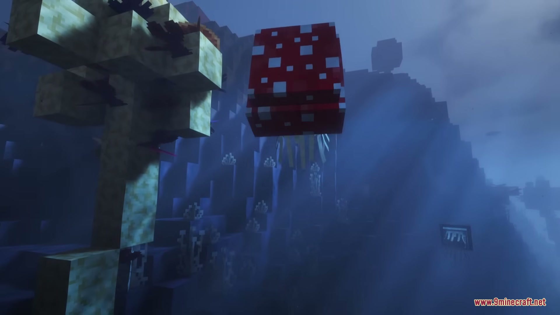 A red fungal fish swimming in the underwater Fungal Sea biome in Minecraft