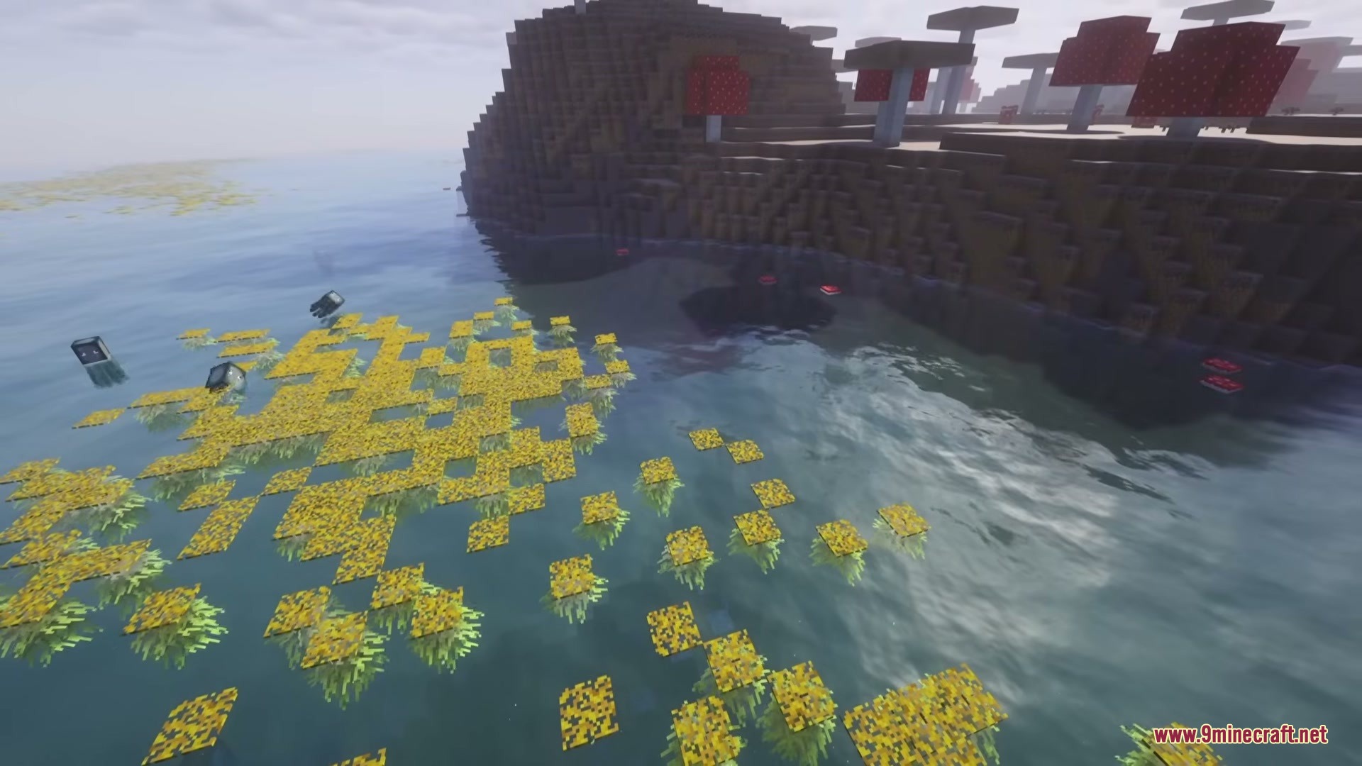 Yellow fungal sea life floating on the water near a mushroom island biome
