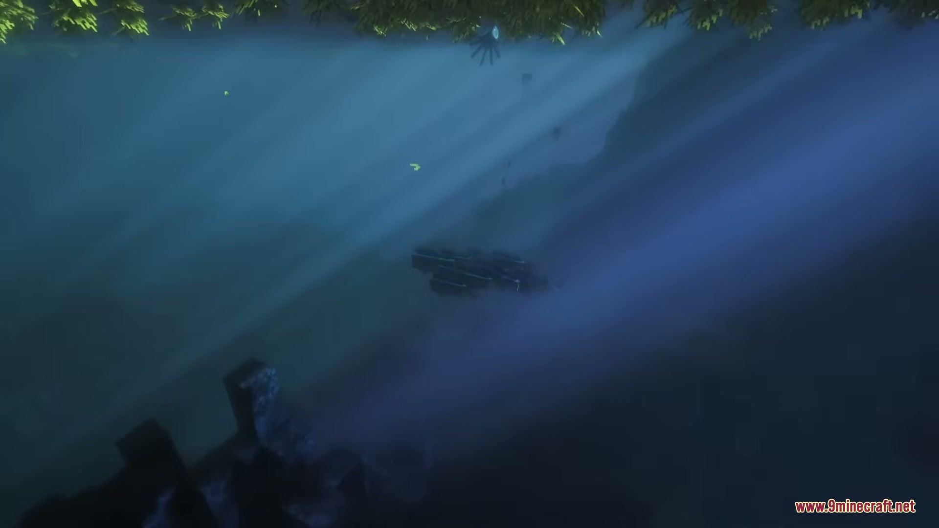 Sunlight beams filtering through the deep water of a dark ocean trench biome