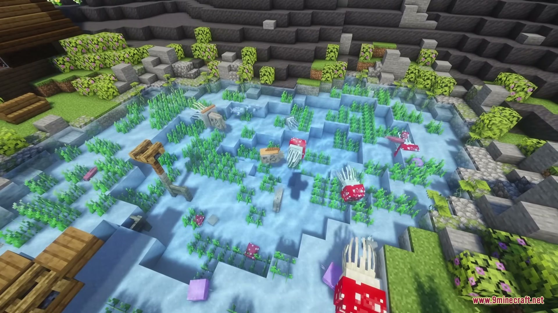 Fungal sea creatures swimming in a vibrant underwater biome with green seagrass