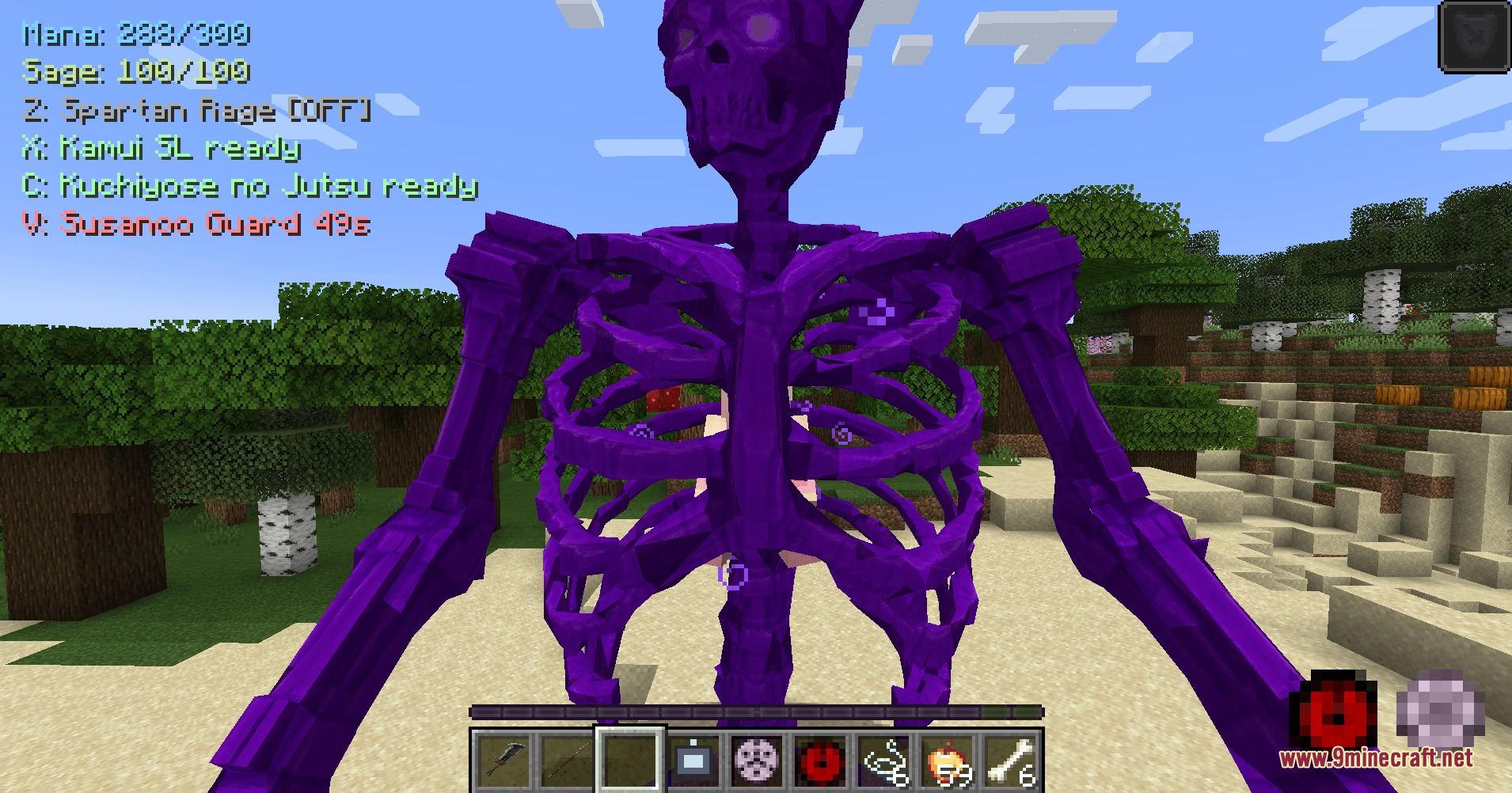 Fantasy DNA Mod Screenshot 2 A purple skeletal Susanoo guard protects the player in a lush forest biome