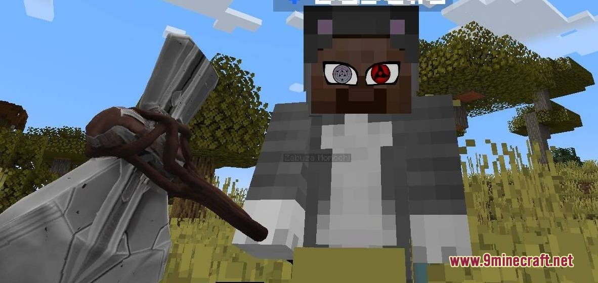 Fantasy DNA Mod Screenshot 4 Minecraft character with Sharingan and Rinnegan eyes holding a large magic axe