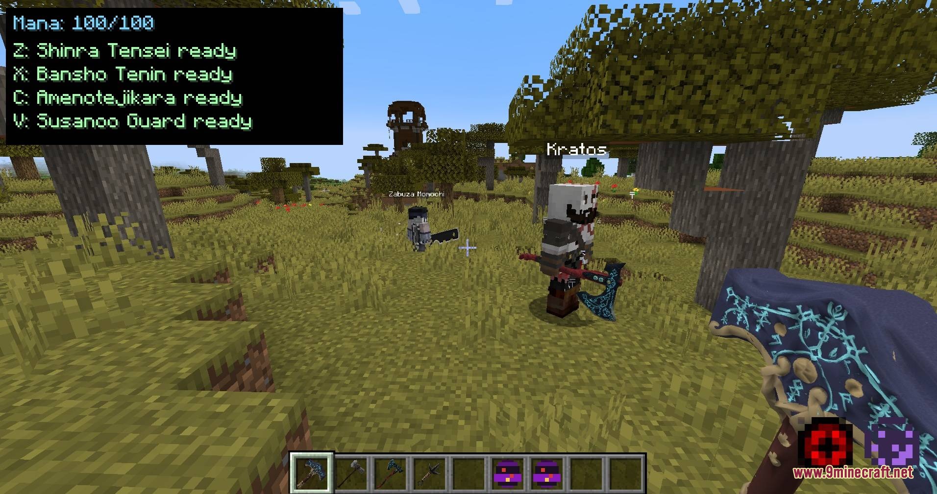 Fantasy DNA Mod Screenshot 6 Player holding a glowing axe faces Kratos and Zabuza in the savanna
