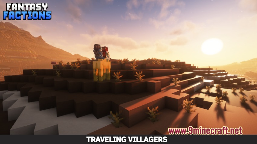 Fantasy Knights & Factions Mod Screenshot 2 Traveling villagers riding a camel across a desert landscape at sunset