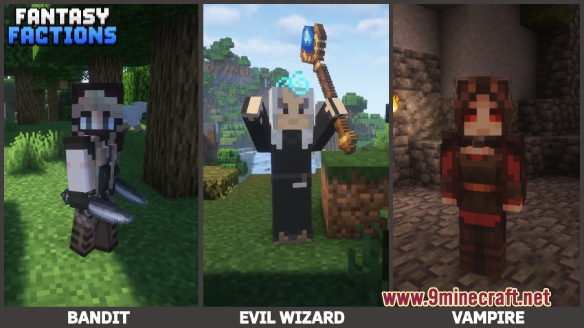 Fantasy Knights & Factions Mod Screenshot 3 Three unique fantasy mobs including a bandit evil wizard and vampire