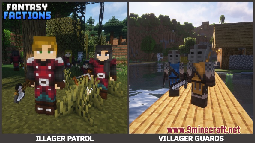 Fantasy Knights & Factions Mod Screenshot 4 Illager patrols and villager guards standing in their respective Minecraft environments