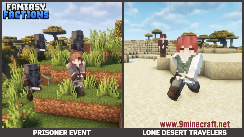 Fantasy Knights & Factions Mod Screenshot 6 Guards escorting a prisoner and lone travelers walking through a desert biome