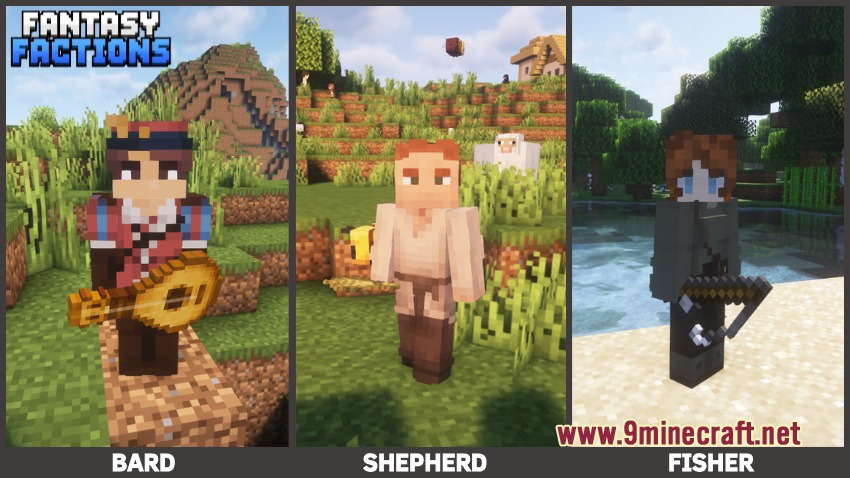 Fantasy Knights & Factions Mod Screenshot 7 Showcase of Bard Shepherd and Fisher characters from the Fantasy Factions mod